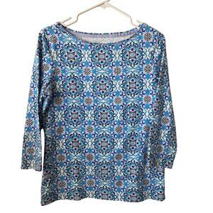 Talbots Womens Medium The Talbots Tee Blue Patterned 3/4 Sleeve Top Stretch